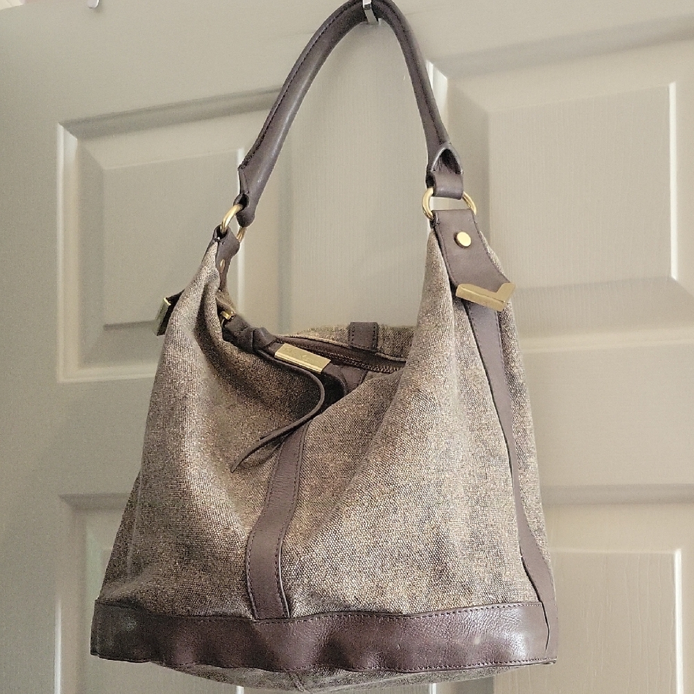 Foley & Corinna Grey Canvas Leather Shoulder Hobo Bucket HandBag